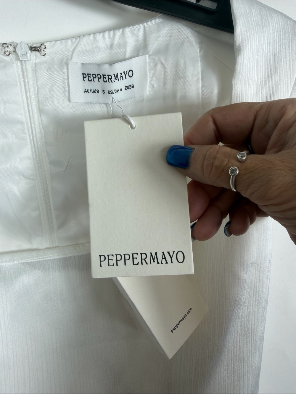Peppermayo NWT Women’s Maryjane Mini Dress In White Textured Satin. Size 4. - Picture 8 of 14